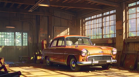 An old rusty car sitting in a garage looking appealing