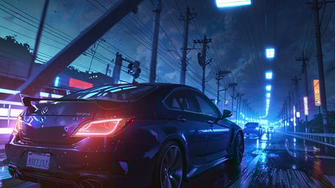 A black sedan with a spoiler driving down a bright neon cyberpunkish road