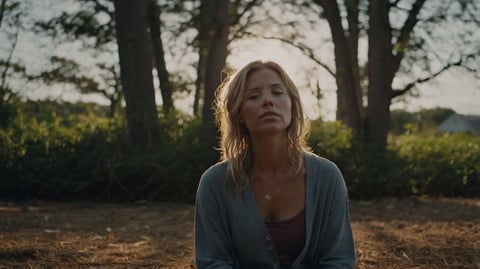 A picture of a woman with blonde hair sitting in nature and starng at the camera