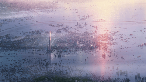 screenshot from weathering with you, flooded tokyo cityscape