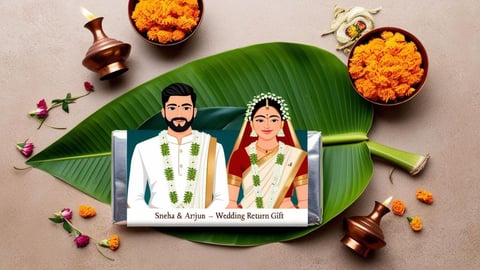 a couple in traditional indian wedding attire with a picture of a bride and groom