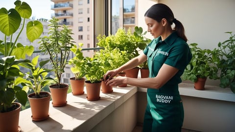 Gardener adjusting plant placement and rotating pots for optimal growth.