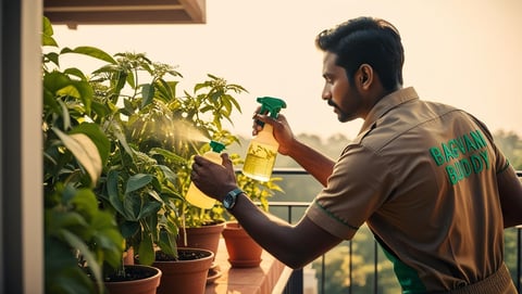 Gardener inspecting plants for pests or diseases and applying natural solutions.