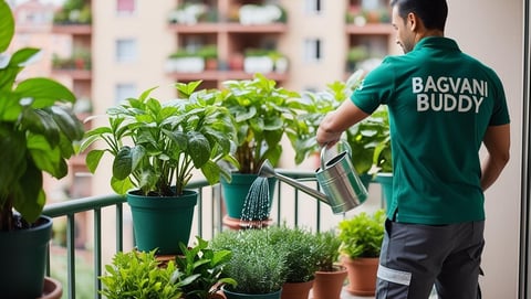 Gardener following a tailored schedule with self-watering systems for plant care.