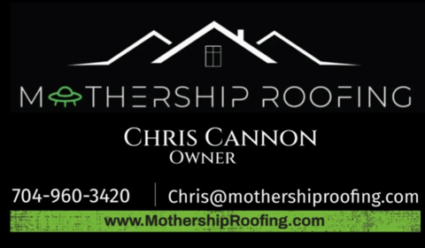 Mothership Roofing business card with owner name and contact info