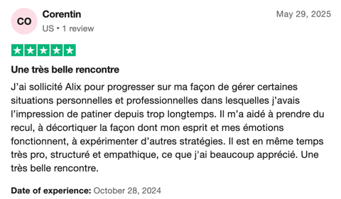 Avis 5 étoiles Trustpilot de Corentin sur le coaching personnalisé de Mujō