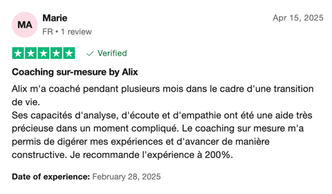 Avis 5 étoiles Trustpilot de Marie sur le coaching de transition de vie de Mujō