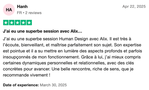 Avis 5 étoiles Trustpilot de Hanh sur le coaching par le design humain de Mujō