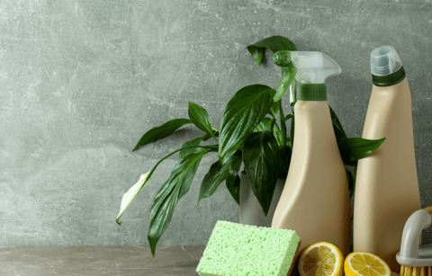 a variety of cleaning products including a bottle of cleaner