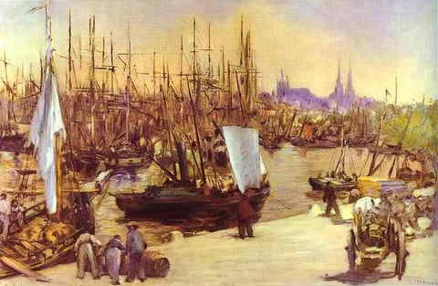 a painting of a harbor scene with boats and people