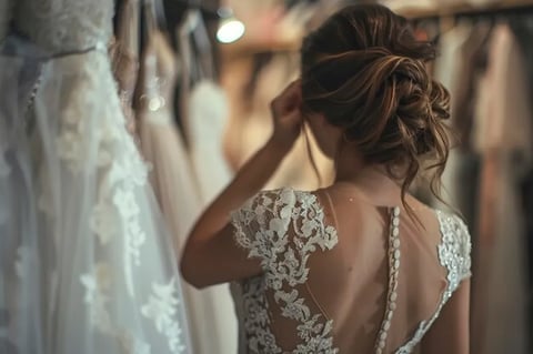 mariée regard les portants de robes de mariée