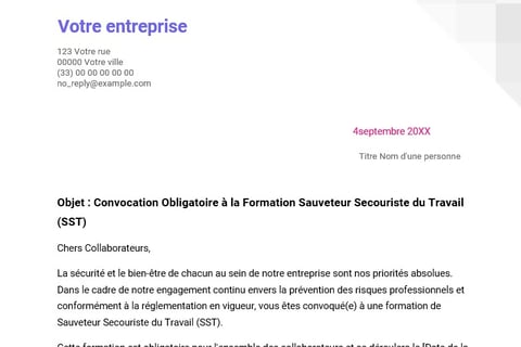Modele de convocation pour une formation obligatoire SST