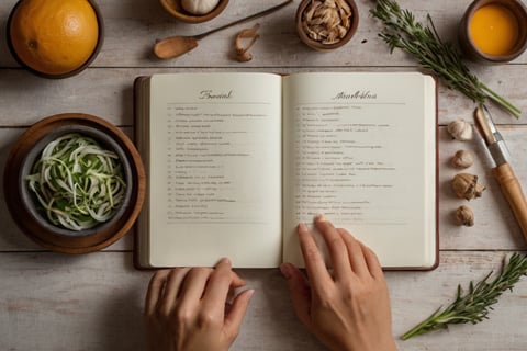 An image of a journal with a bullet list nd cooking ingredients on the table around it.