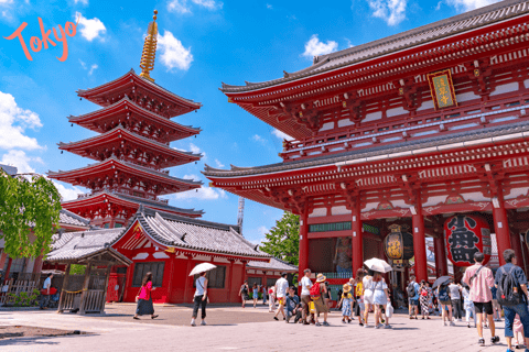 a group of people walking around a large red building in Tokyo
