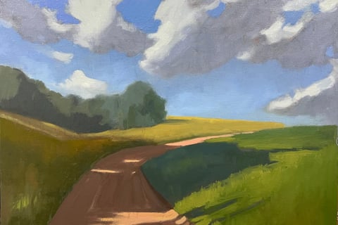 painting of road bend and clouds with light and shadow effects