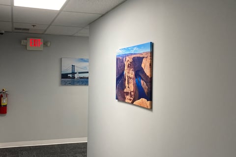 Office Hallway with grand canyon wall art and ben franklin bridge wall art  horseshoe bend