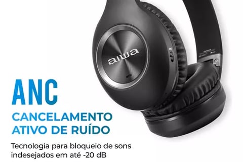 imagem do Headphone AIWA HP-02-B Bluetooth  e a informação do sistema ANC