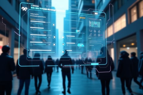 People walking with overlaid digital augmented reality interfaces.