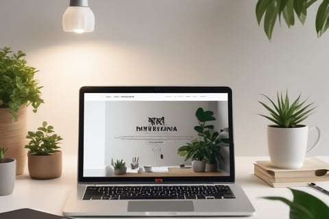 A modern and minimalist workspace featuring a laptop on a clean white desk, surrounded by Plants