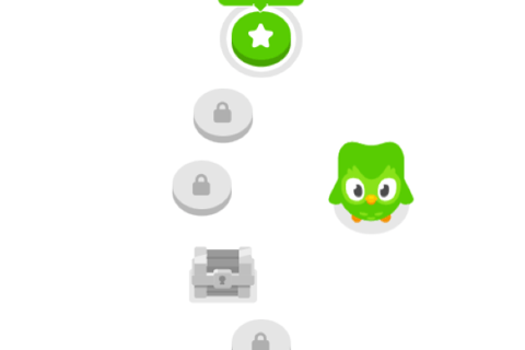 Duolingo screen showing learning path with green owl mascot.
