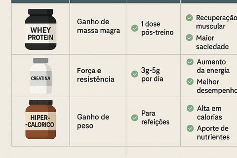 Tabela Comparativa de Suplementos(Whey Protein vs Hipercalórico vs Creatina)
