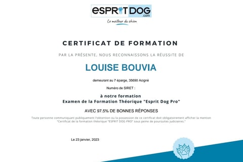 Certificat de formation théorique Esprit Dog Pro