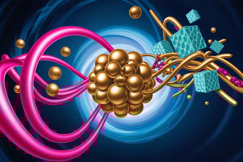 Quantum particles representation with golden spheres and colored ribbons on blue background.