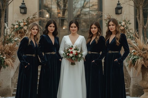 Demoiselles d’honneur à un mariage d’hiver à Bordeaux en décembre 2024, portant des robes longues