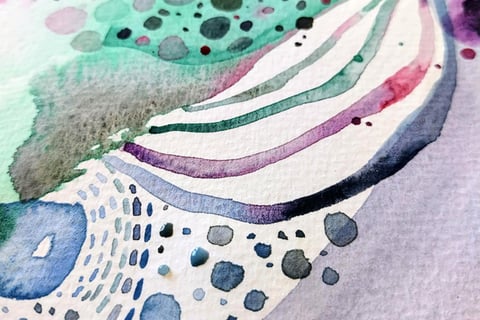 Artiste Eva Girardeau , quarelle abstraite détails, tons verts, bleus, violets