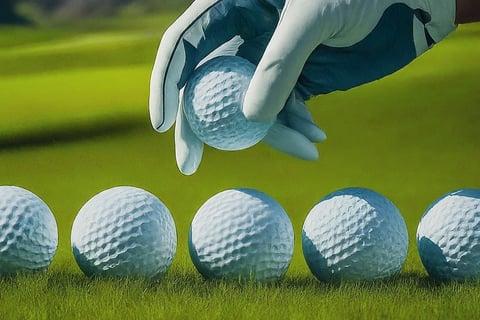 Golfer's hand selecting a golf ball from a line on the golf course