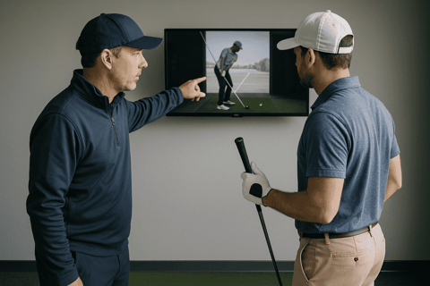 a man pointing at a television screen showing a golf player