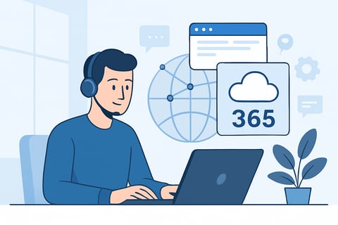Illustration of remote IT professional at laptop with cloud overlay