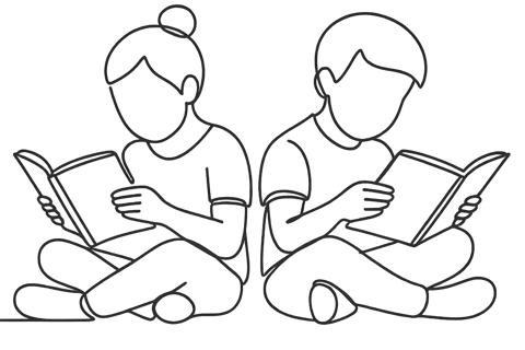 A line drawing depicting two children sitting back-to-back, each absorbed in reading their books