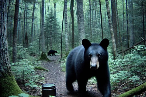 A hyperrealistic trail camera image of a black bear cautiously walking along a forest trail, surrounded by dense trees.