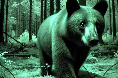 A black bear with rounded ears and a slender face, captured in night vision 