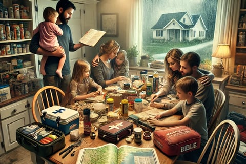 A Christian family gathered around a kitchen table, making survival plans with a Bible in the center and emergency supplies