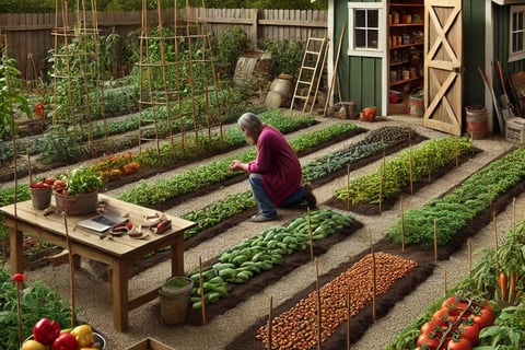 A Christian prepper tending to a backyard garden filled with vegetables, with a Bible nearby, reflecting self-sufficiency