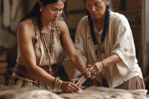 American Indian women drying hides on a wooden frame