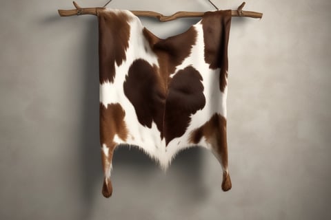 Brown and White Cow Hide hanging on a wooden frame