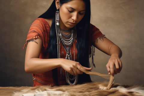 AMerican Indian Woman removing the hair from an animal pelt