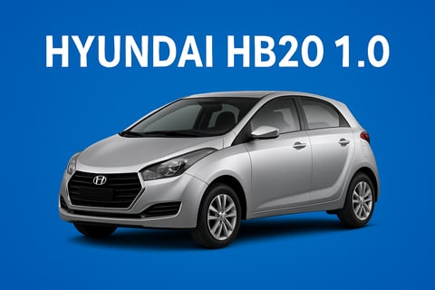 Hyundai HB20 1.0 prata visto de frente lateral, em fundo azul com visual limpo e moderno.