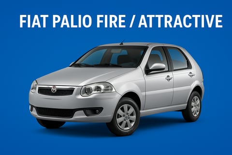 Fiat Palio Fire ou Attractive prata, modelo hatch compacto visto em fundo azul com ângulo lateral fr