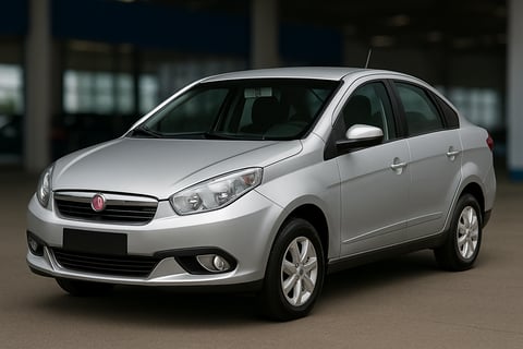 Fiat Grand Siena prata visto em ângulo frontal-lateral em ambiente de showroom, com design simples e