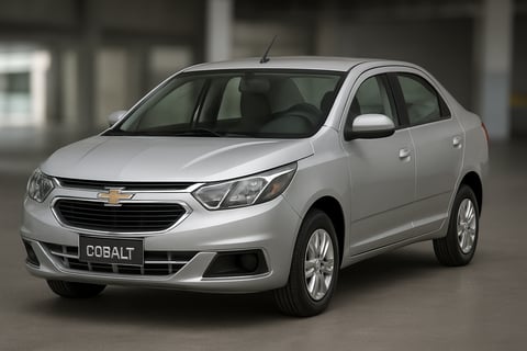 Chevrolet Cobalt prata fotografado em ambiente interno, visto de frente em ângulo lateral com destaq