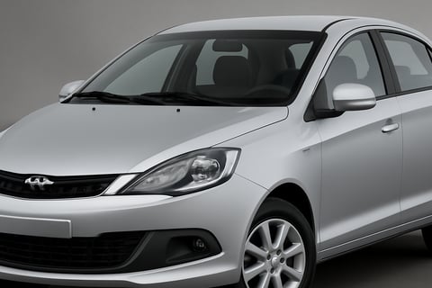 Chery Celer prata em fundo cinza, fotografado em ângulo frontal-lateral com destaque para os faróis,