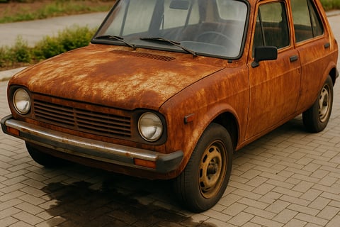 Rusty vehicle on pavers with oil stains, ready for eco-friendly removal in PoCo.