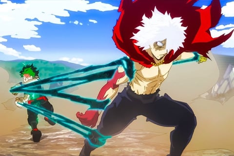 Deku em combate em My Hero Academia.