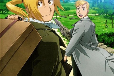 Edward e Alphonse em uma cena de Fullmetal Alchemist.