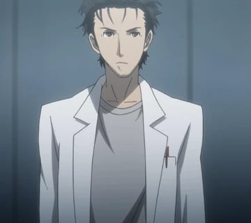 Rintarou Okabe em uma cena dramática de Steins;Gate.