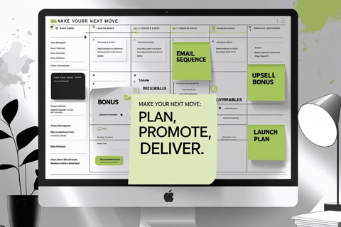 a desktop computer monitor screen displaying a plan to promote and email business